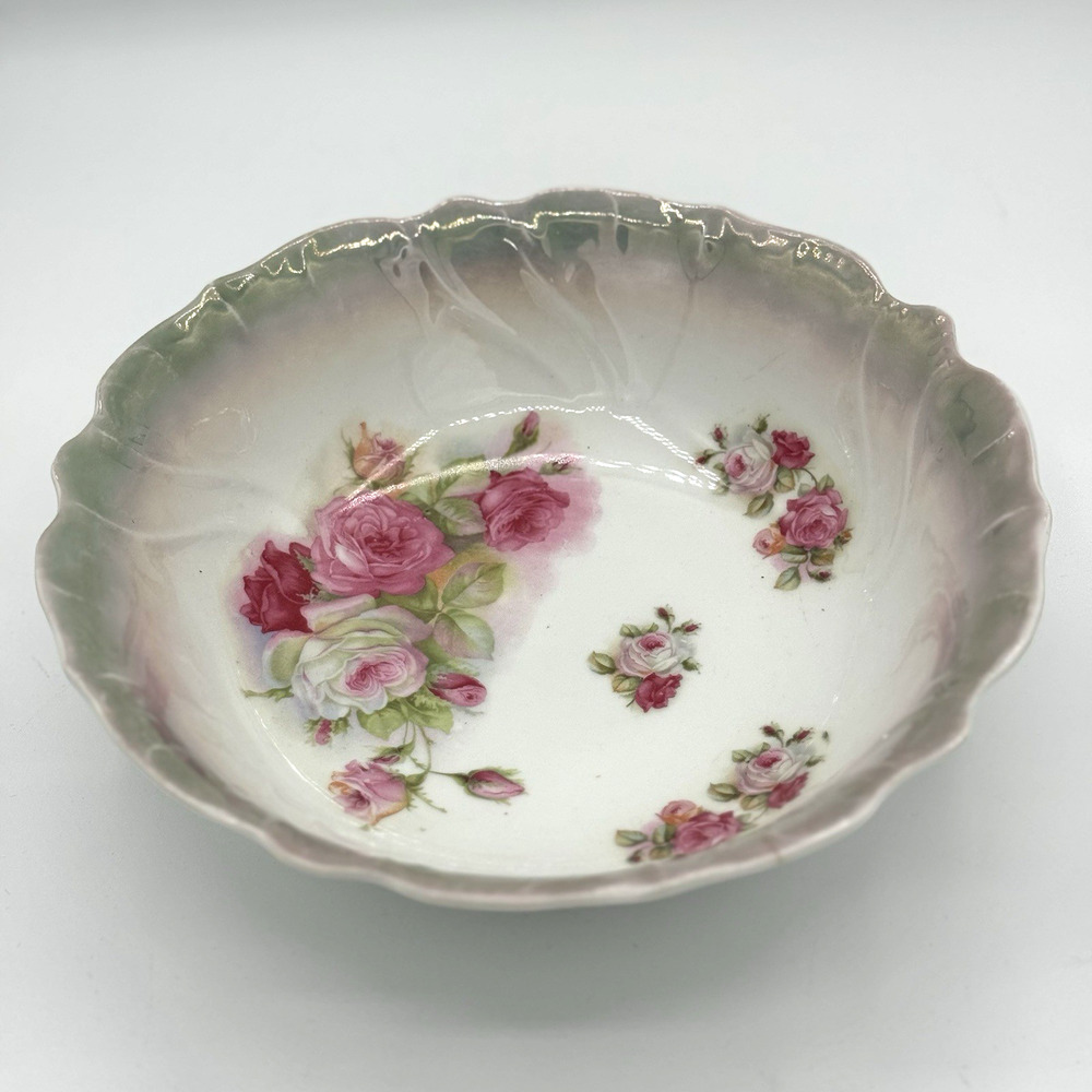 Vtg German‎ Lusterware Porcelain Serving Bowl Floral Cabbage Rose Grannycore 9"